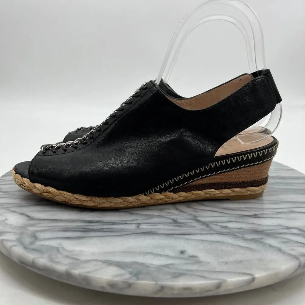 Stuart Weitzman Womens 7.5 Sandal Black Slingback Wedge Espadrille Chain Detail - Picture 4 of 14